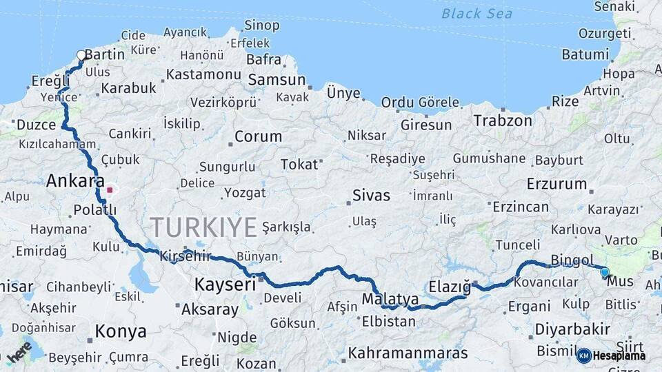 Muş Bartın Arası Kaç Km - Yol Haritası