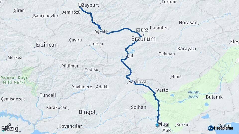 Muş Bayburt Arası Kaç Km - Yol Haritası