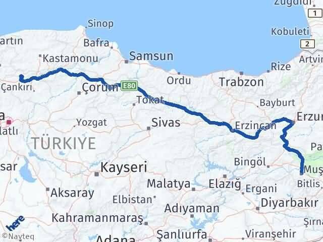 Muş Bayramören Çankırı Arası Kaç Km - Yol Haritası