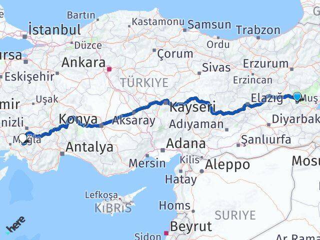 Muş Beyağaç Denizli Arası Kaç Km - Yol Haritası