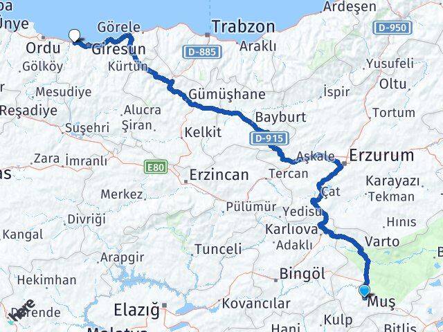 Muş Bulancak Giresun Arası Kaç Km - Yol Haritası