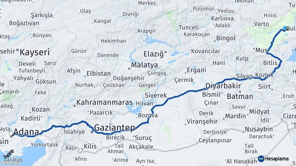 Muş Bulanık Adana Arası Kaç Km - Yol Haritası