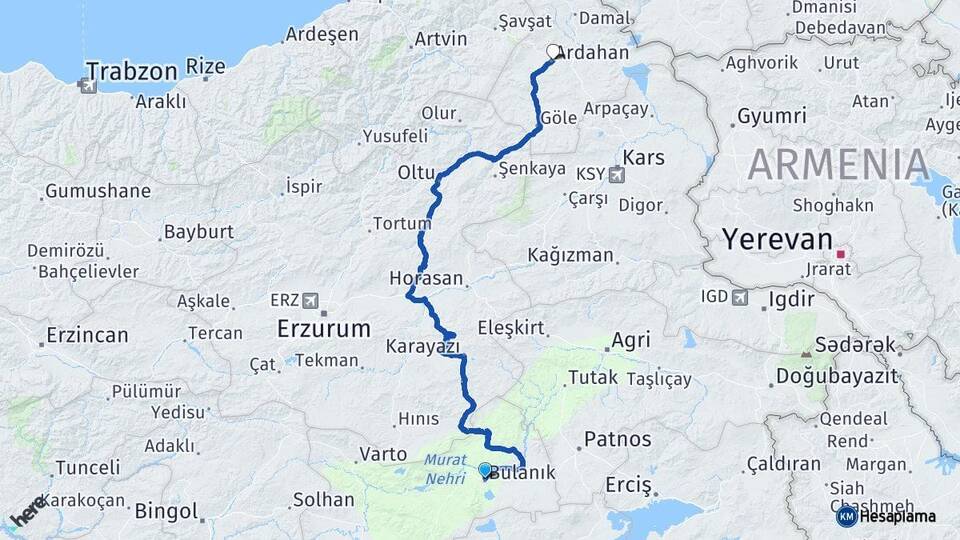 Muş Bulanık Ardahan Arası Kaç Km - Yol Haritası
