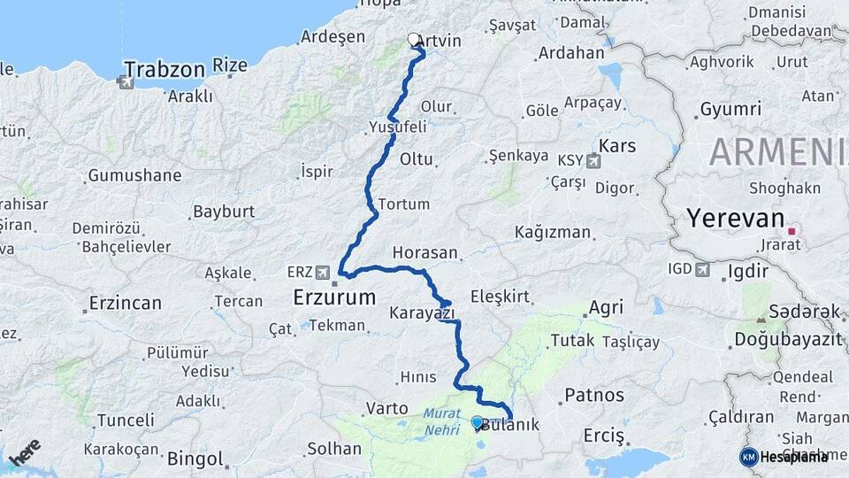 Muş Bulanık Artvin Arası Kaç Km - Yol Haritası