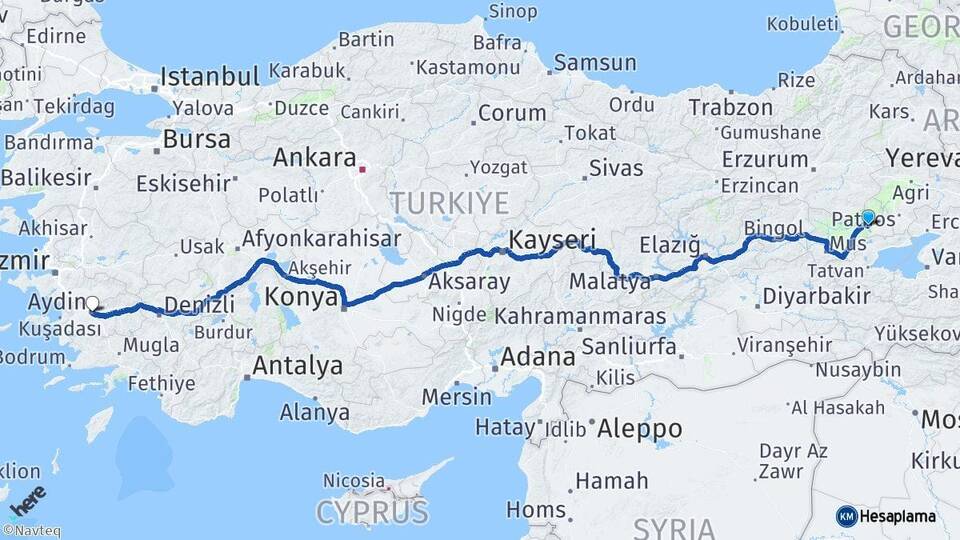 Muş Bulanık Aydın Arası Kaç Km - Yol Haritası
