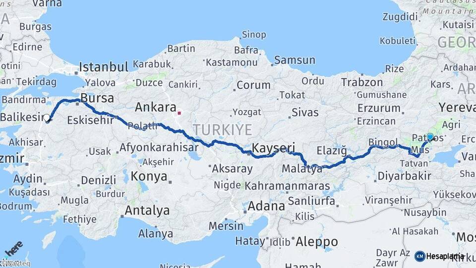 Muş Bulanık Balıkesir Arası Kaç Km - Yol Haritası