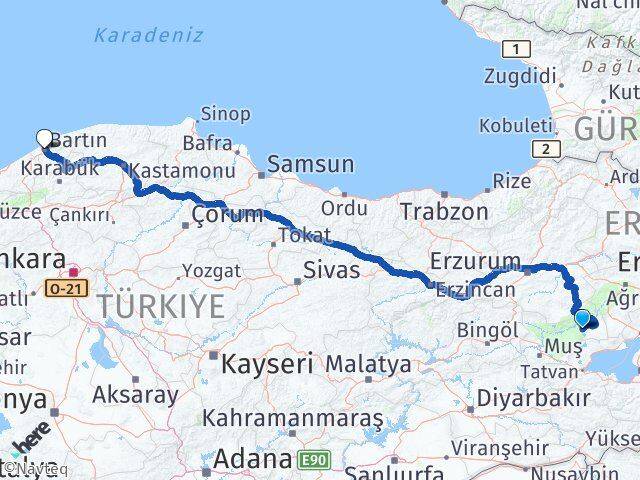 Muş Bulanık Bartın Arası Kaç Km - Yol Haritası