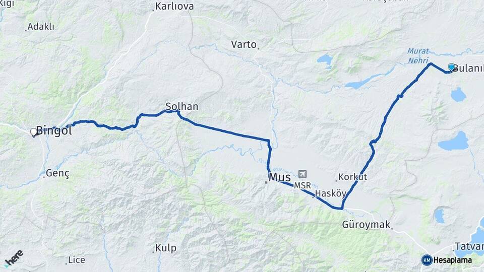 Muş Bulanık Bingöl Arası Kaç Km - Yol Haritası