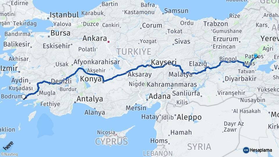 Muş Bulanık Bodrum Muğla Arası Kaç Km - Yol Haritası
