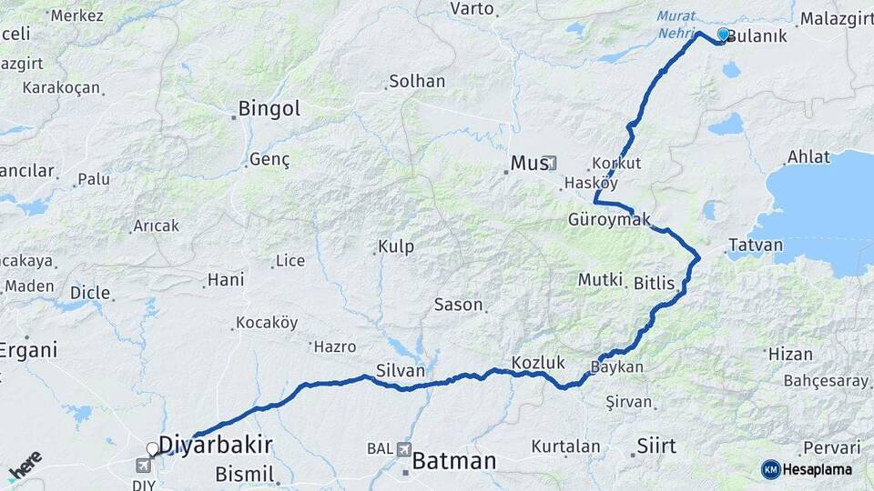 Muş Bulanık Diyarbakır Arası Kaç Km - Yol Haritası