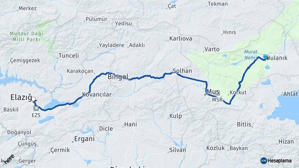 Muş Bulanık Elazığ Arası Kaç Km - Yol Haritası