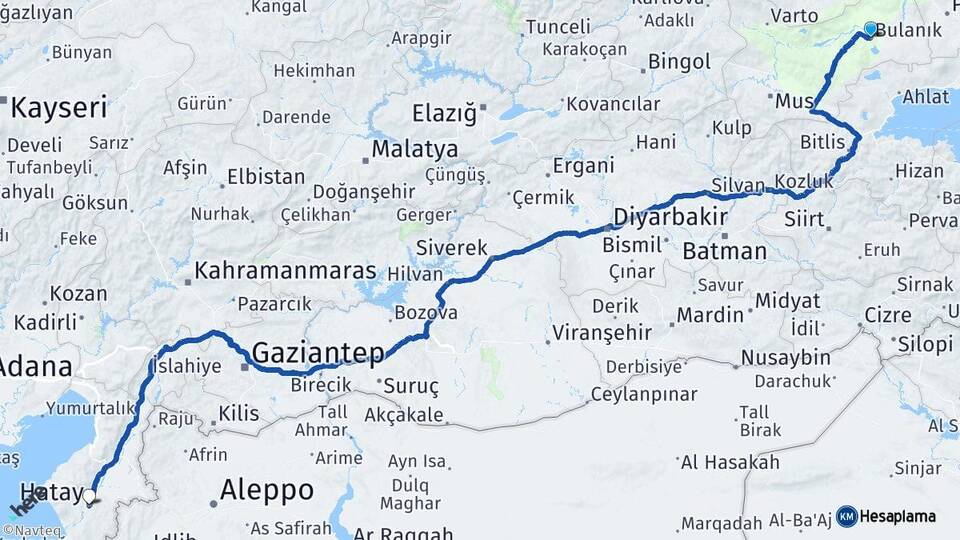 Muş Bulanık Hatay Arası Kaç Km - Yol Haritası
