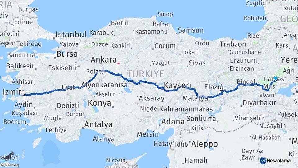 Muş Bulanık İzmir Arası Kaç Km - Yol Haritası