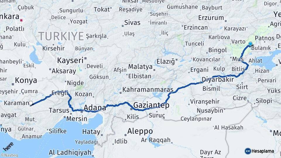 Muş Bulanık Karaman Arası Kaç Km - Yol Haritası