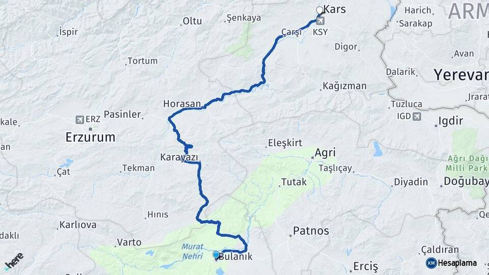 Muş Bulanık Kars Arası Kaç Km - Yol Haritası