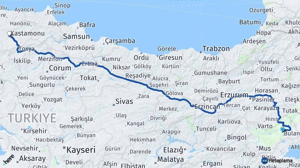 Muş Bulanık Kastamonu Arası Kaç Km - Yol Haritası