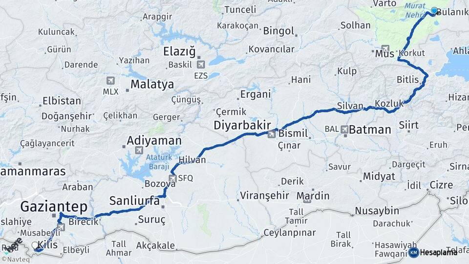 Muş Bulanık Kilis Arası Kaç Km - Yol Haritası