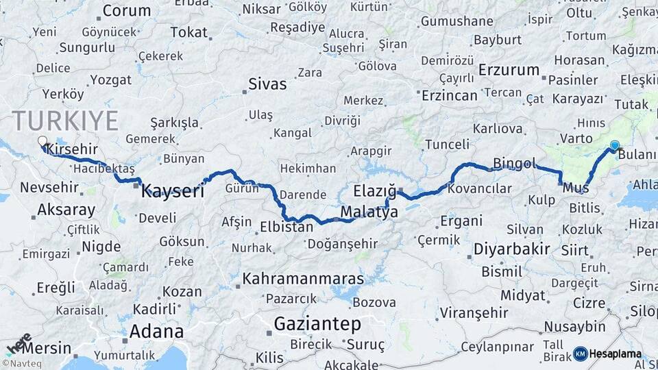 Muş Bulanık Kırşehir Arası Kaç Km - Yol Haritası
