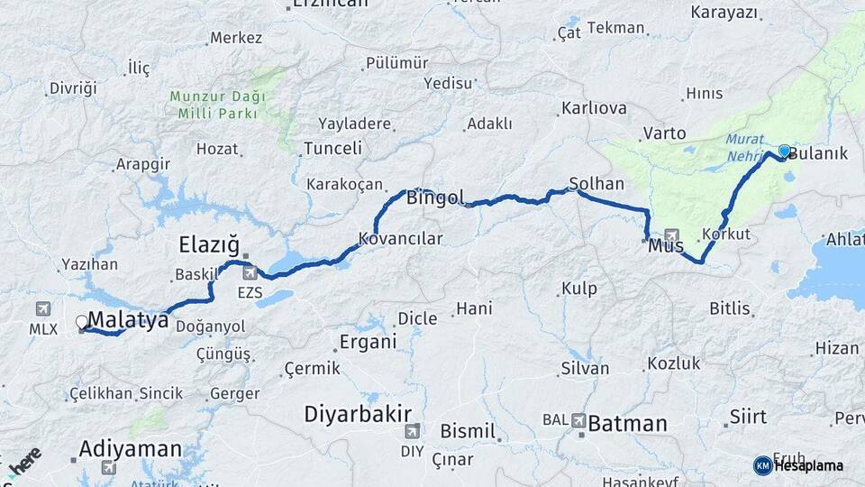 Muş Bulanık Malatya Arası Kaç Km - Yol Haritası