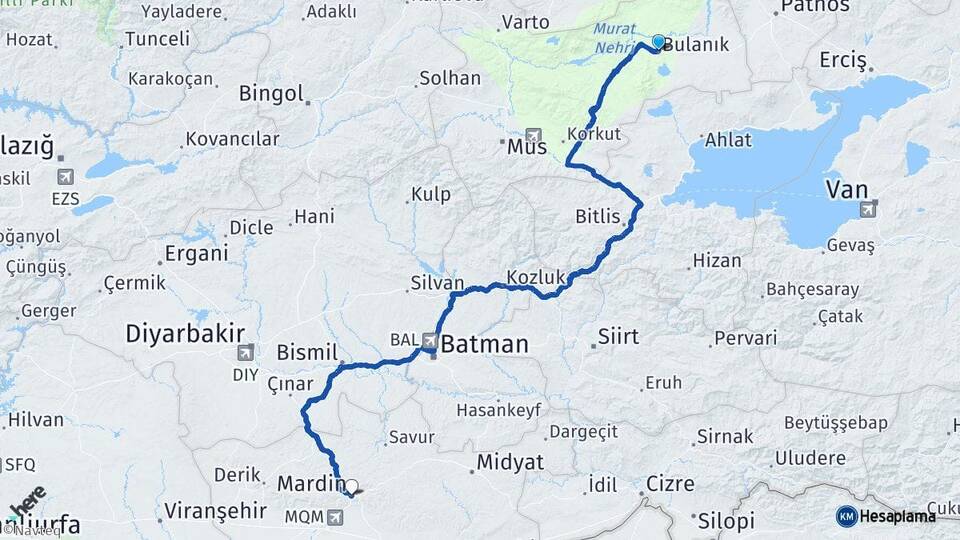 Muş Bulanık Mardin Arası Kaç Km - Yol Haritası