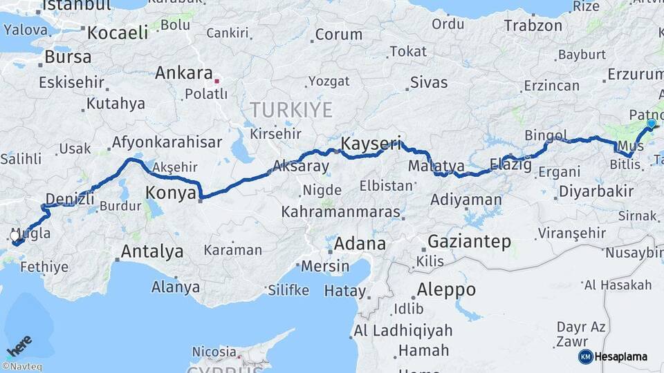 Muş Bulanık Muğla Arası Kaç Km - Yol Haritası