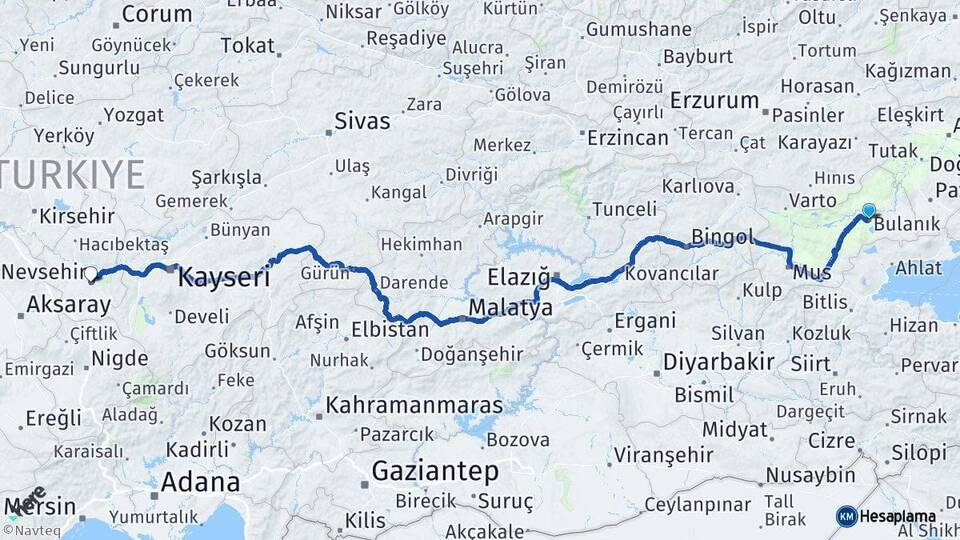Muş Bulanık Nevşehir Arası Kaç Km - Yol Haritası