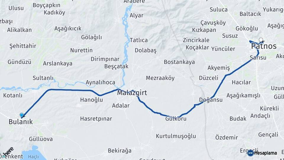 Muş Bulanık Patnos Ağrı Arası Kaç Km - Yol Haritası