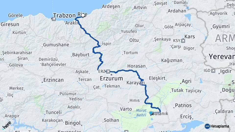 Muş Bulanık Rize Arası Kaç Km - Yol Haritası