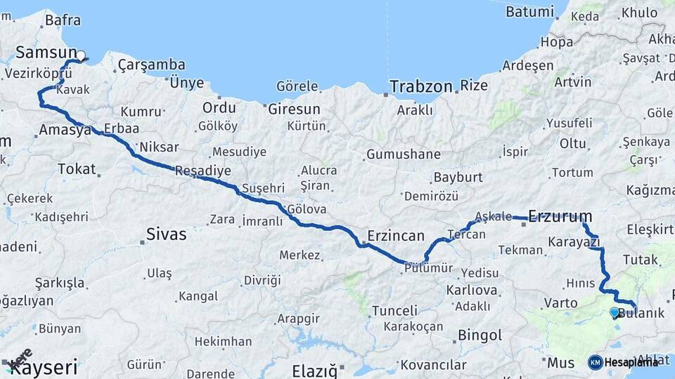 Muş Bulanık Samsun Arası Kaç Km - Yol Haritası