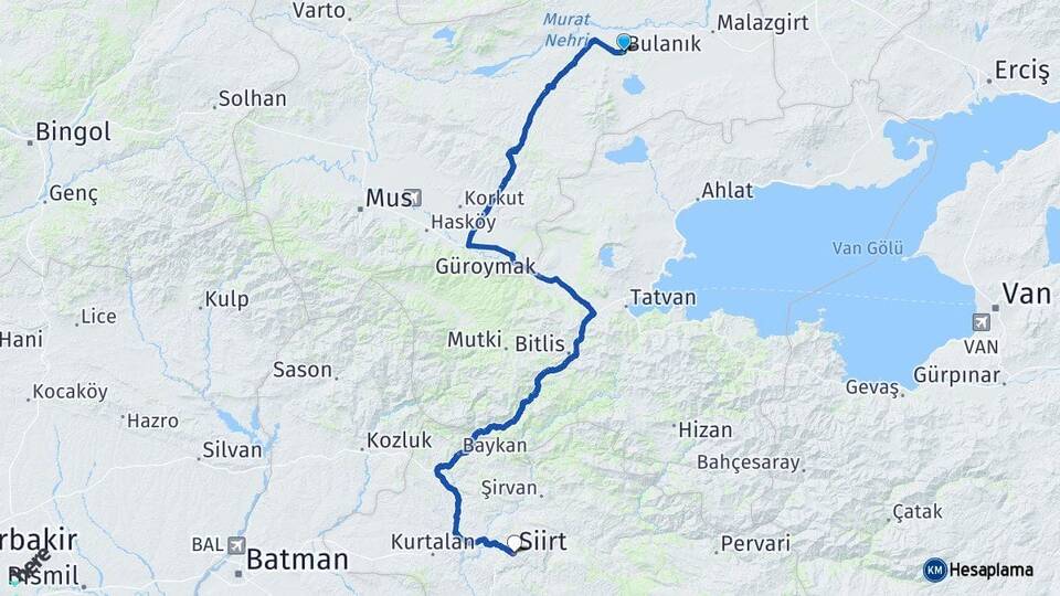 Muş Bulanık Siirt Arası Kaç Km - Yol Haritası