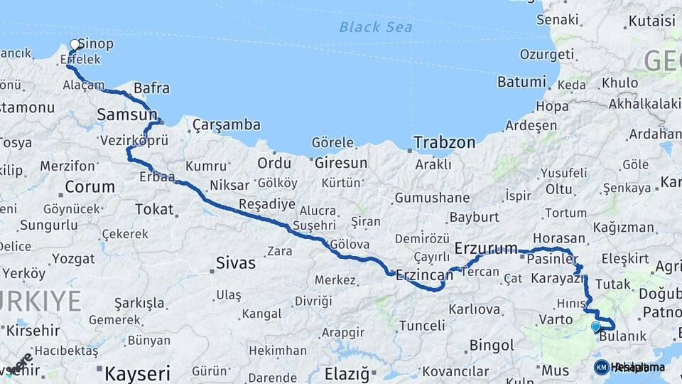 Muş Bulanık Sinop Arası Kaç Km - Yol Haritası