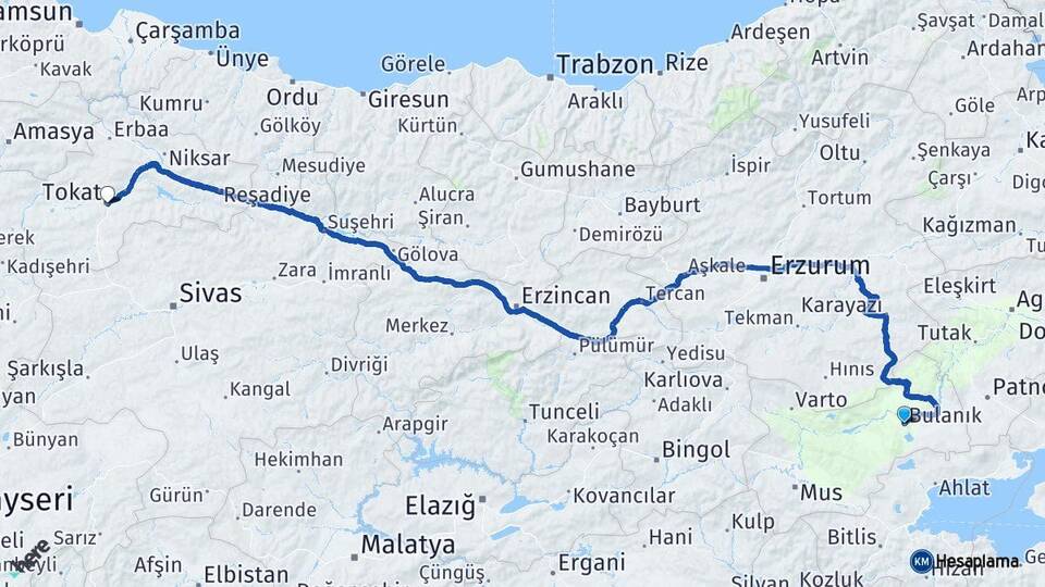 Muş Bulanık Tokat Arası Kaç Km - Yol Haritası
