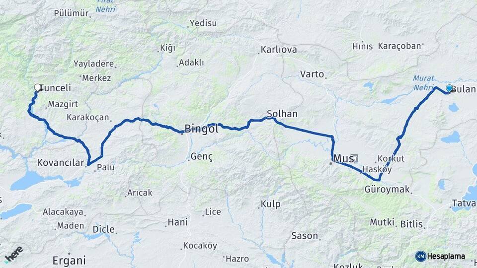 Muş Bulanık Tunceli Arası Kaç Km - Yol Haritası