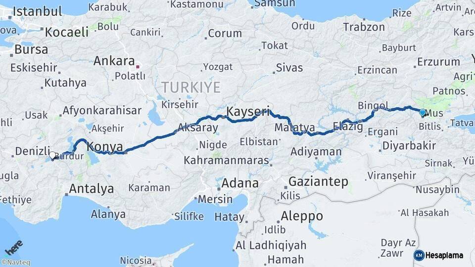 Muş Burdur Arası Kaç Km - Yol Haritası