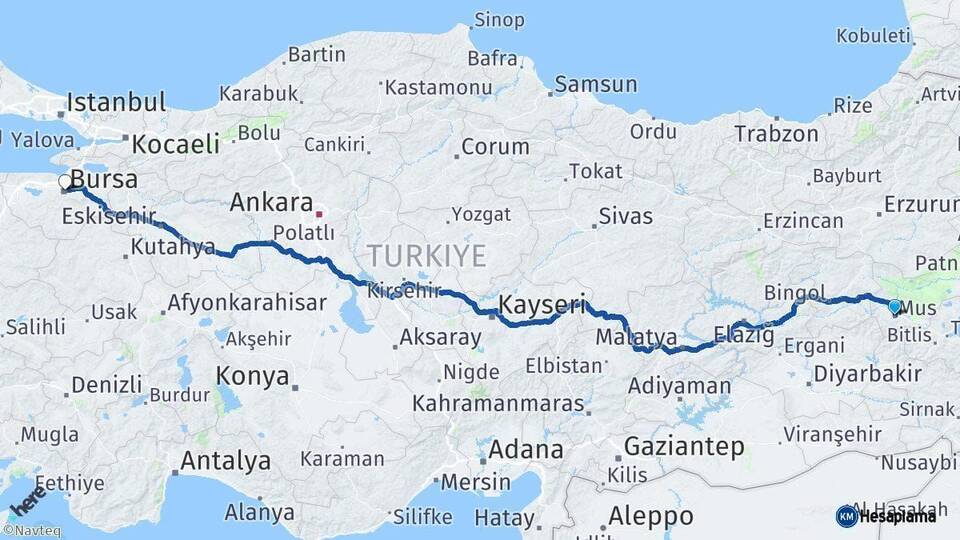 Muş Bursa Arası Kaç Km - Yol Haritası