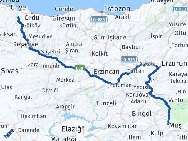 Muş Çamaş Ordu Arası Kaç Km - Yol Haritası