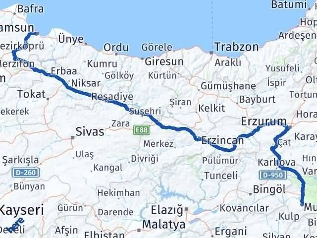 Muş Canik Samsun Arası Kaç Km - Yol Haritası