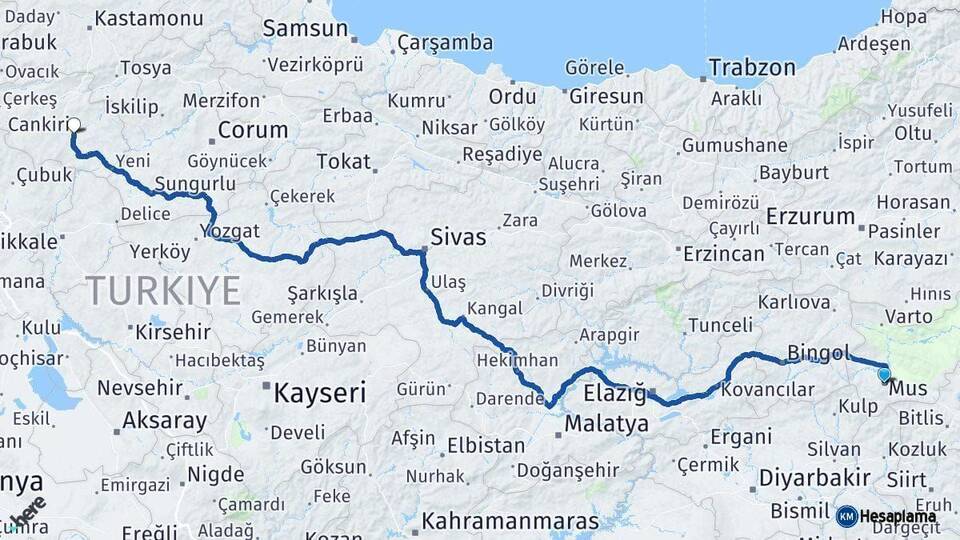 Muş Çankırı Arası Kaç Km - Yol Haritası