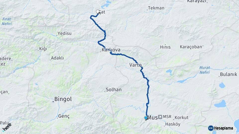 Muş Çat Erzurum Arası Kaç Km - Yol Haritası