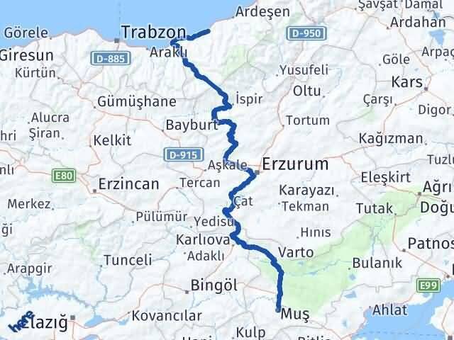 Muş Çayeli Rize Arası Kaç Km - Yol Haritası