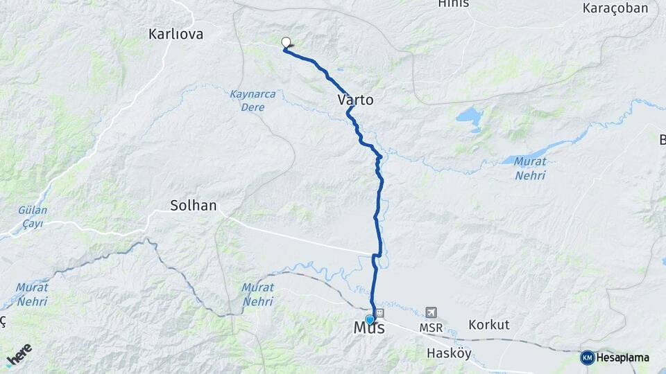 Muş Çaylar Varto Arası Kaç Km - Yol Haritası