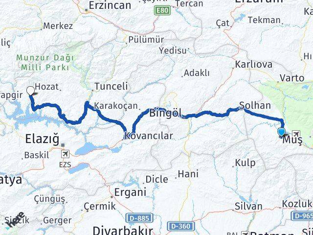 Muş Çemişgezek Tunceli Arası Kaç Km - Yol Haritası