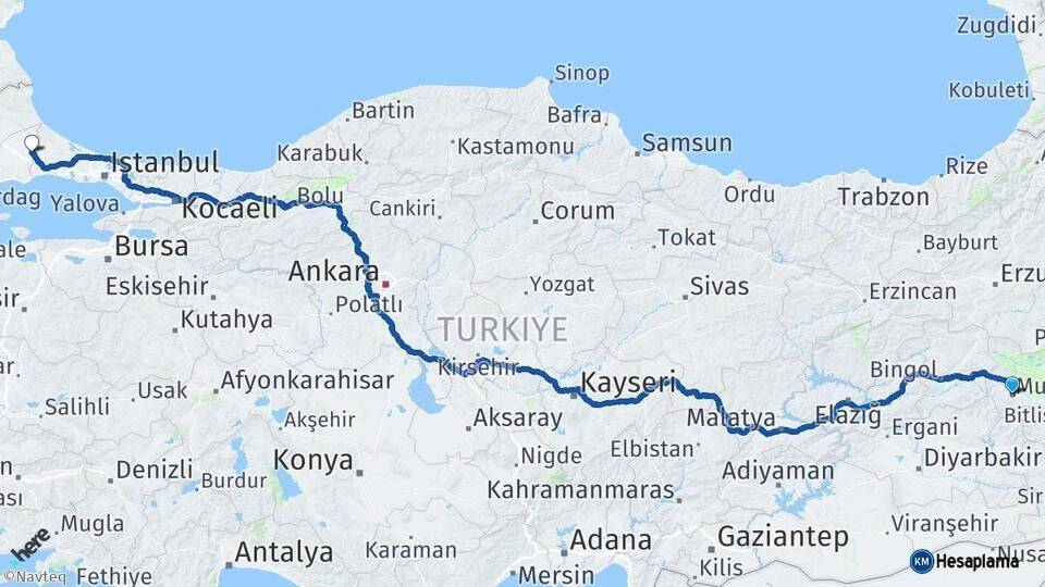 Muş Çerkezköy Arası Kaç Km - Yol Tarifi