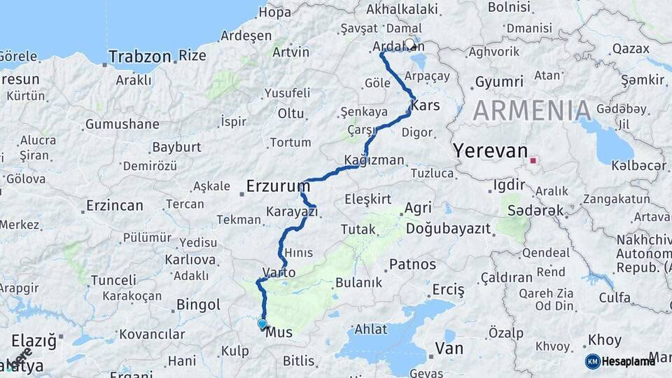 Muş Çıldır Ardahan Arası Kaç Km - Yol Haritası