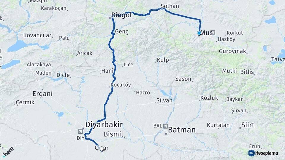 Muş Çınar Diyarbakır Arası Kaç Km - Yol Haritası