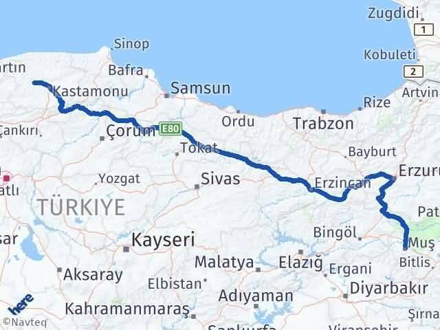 Muş Daday Kastamonu Arası Kaç Km - Yol Haritası