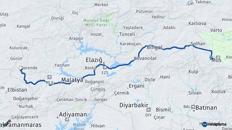 Muş Darende Malatya Arası Kaç Km - Yol Haritası