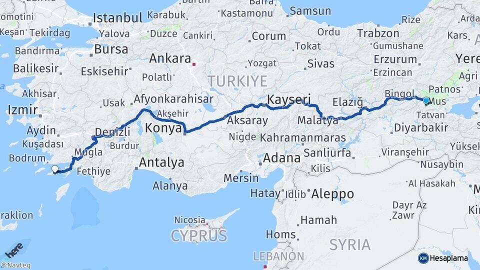 Muş Datça Muğla Arası Kaç Km - Yol Haritası