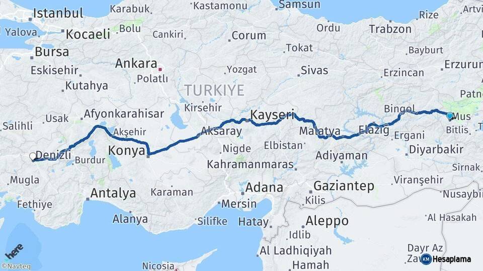 Muş Denizli Arası Kaç Km - Yol Haritası