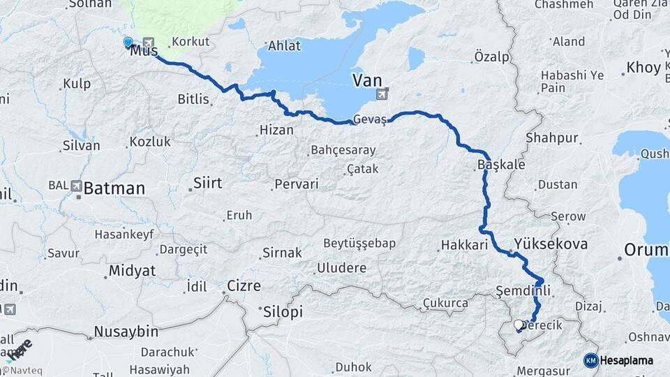 Muş Derecik Hakkari Arası Kaç Km - Yol Haritası